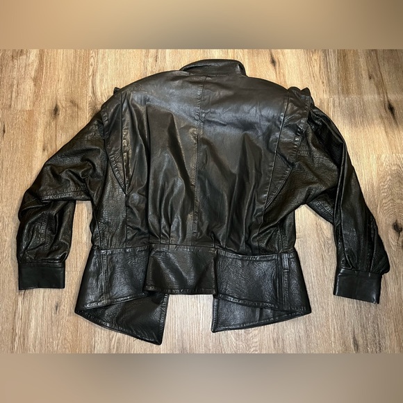 Vintage Womens Black Leather Jacket Puff Sleeve Padded Shoulder Saint Denis L 10 - Picture 6 of 9